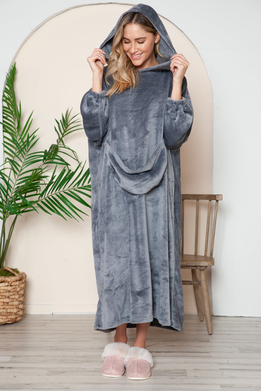 Double Take Full Size Pocketed Hooded Midi Lounge Dress 