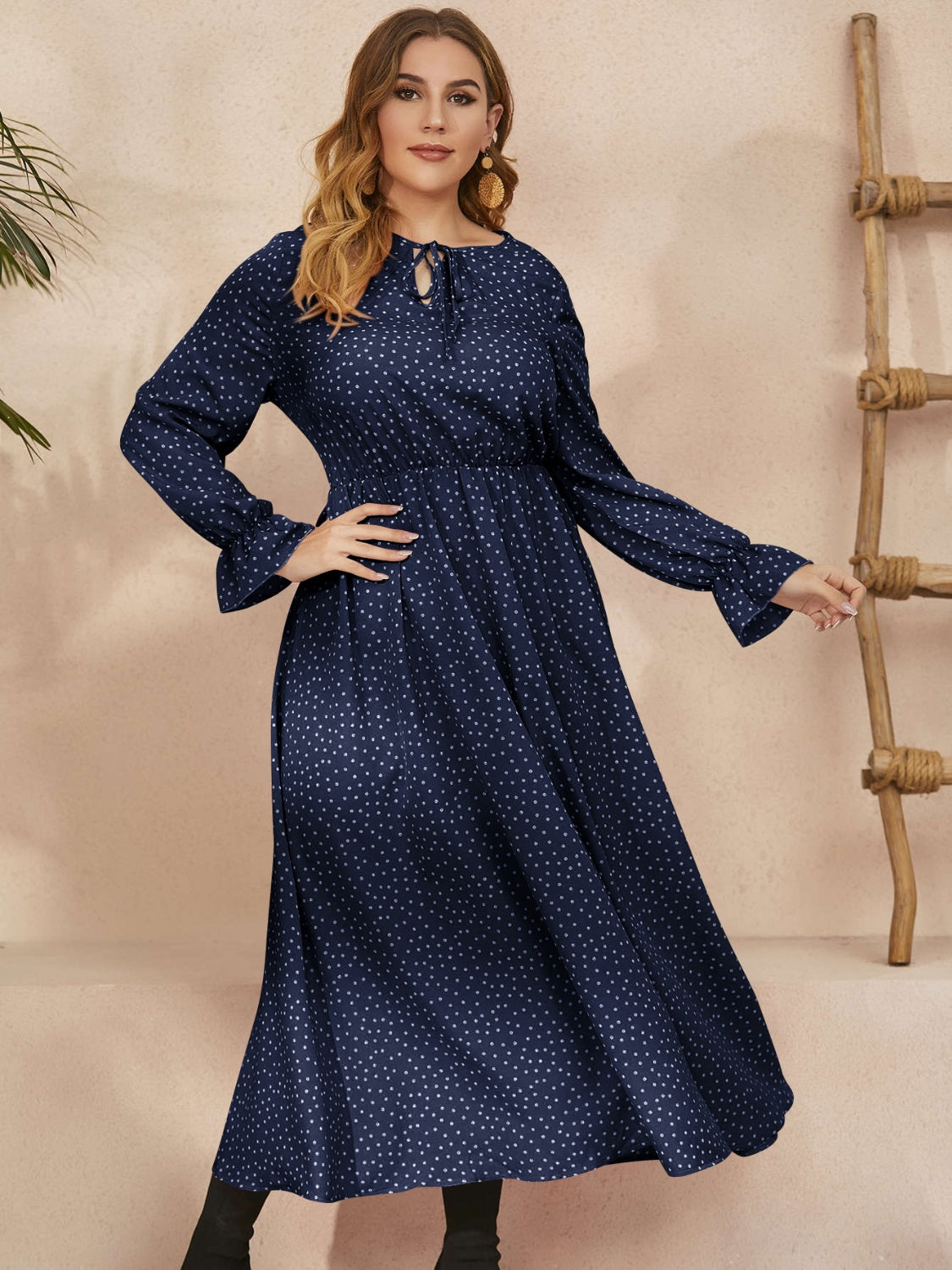 Honey Plus Size Ruffled Polka Dot Long Sleeve Midi Dress 