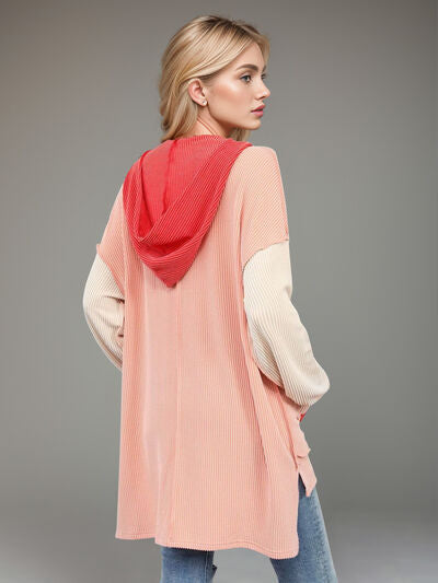 Double Take Contrast Hooded Long Sleeve Top 