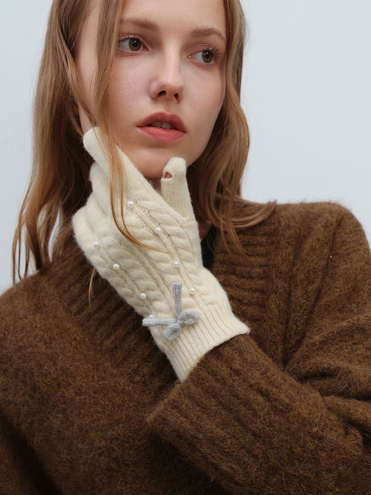 Thermal Pearl Detail Bow Five-Finger Gloves 