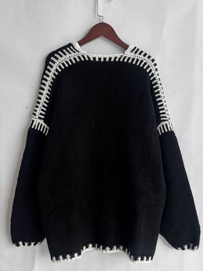 Double Take Contrast Open Front Dropped Shoulder Cardigan 