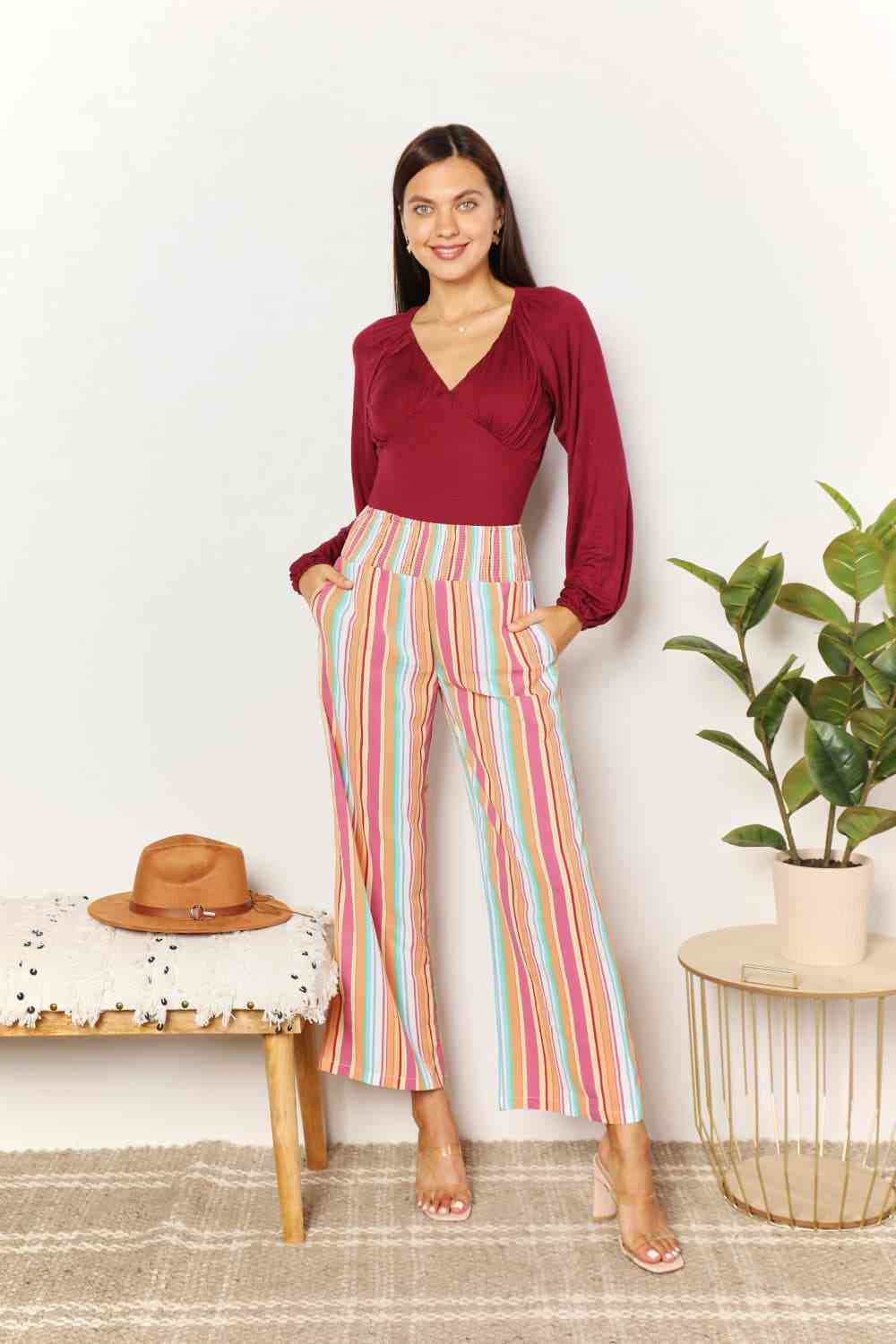 Double Take Striped Smocked Waist Pants with Pockets 