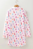 Printed Collared Neck Long Sleeve Lounge Dress 