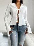 Devine Slit Tied Collared Neck Long Sleeve Blouse 