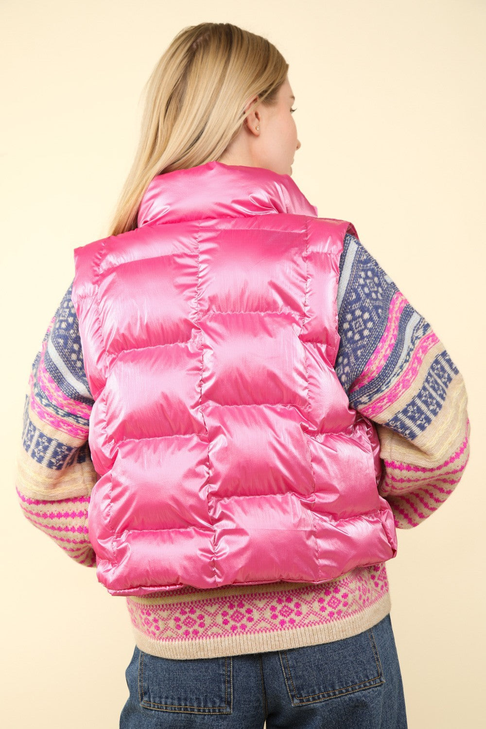 VERY J Shiny Metallic Zip Up Puffer Vest 