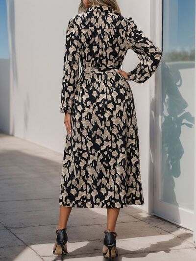 Perfee Printed Long Sleeve Midi Dress Dresses