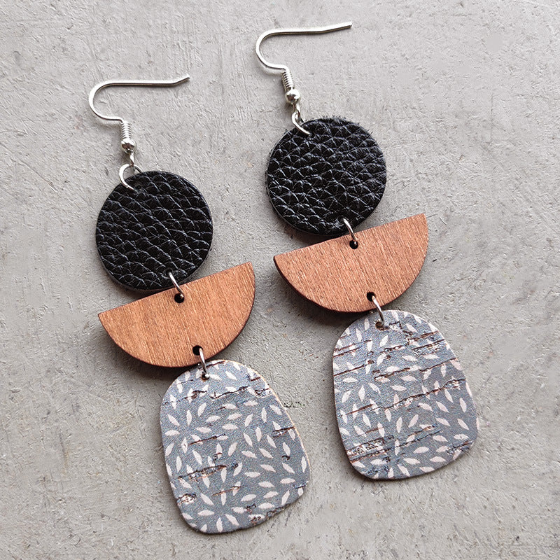 Leather & Wood Drop Earrings 