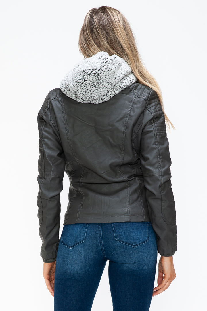 YMI Removable Faux Layered Multi-Pocket Jacket with Fuzzy Hood 