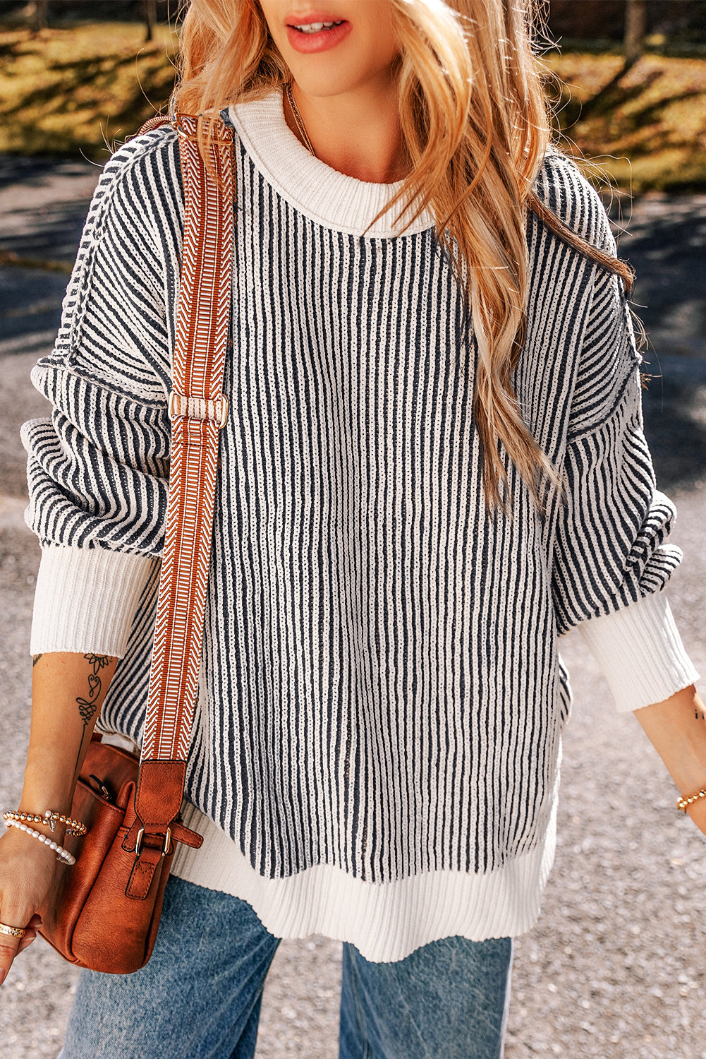 Chestnut Striped Textured Knit Contrast Edge Loose Sweater Sweaters & Cardigans/Sweaters