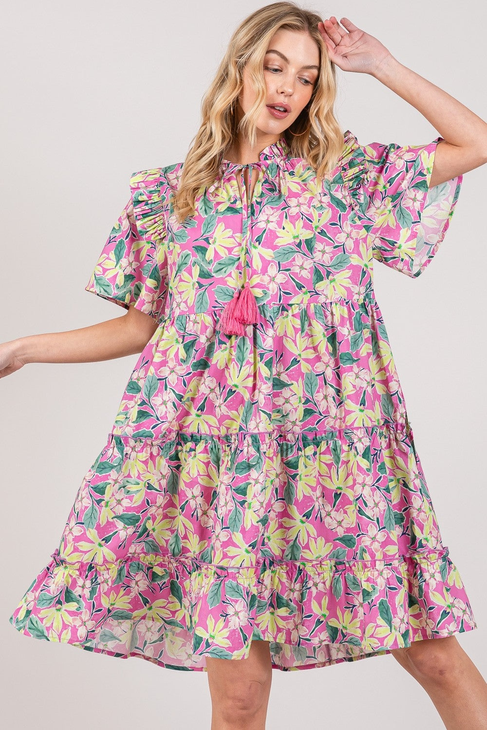SAGE + FIG Floral Ruffle Short Sleeve Dress 