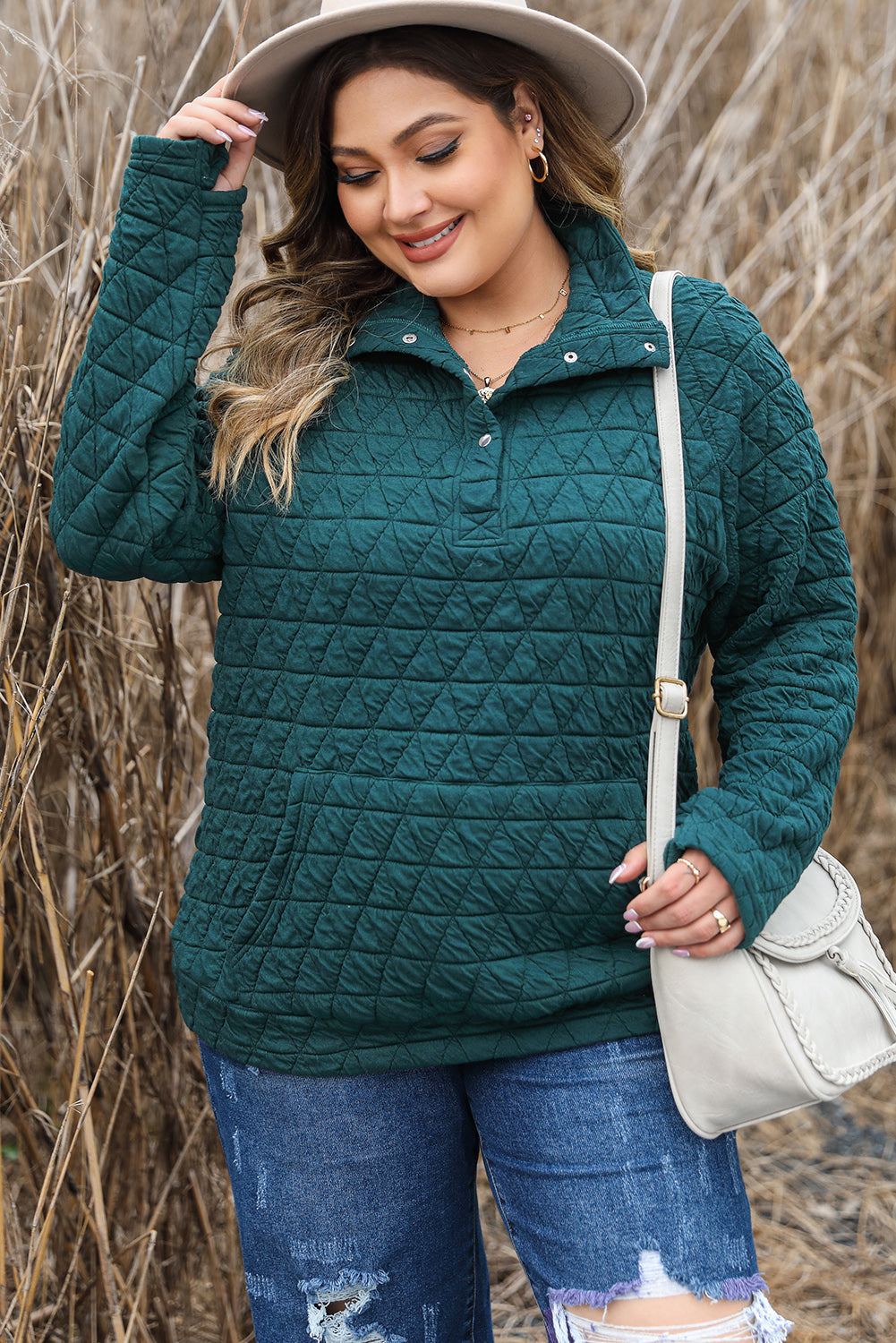 Plus Size Quarter Snap Quilted Sweatshirt 