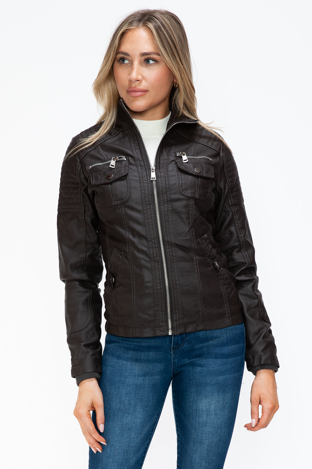 YMI Removable Faux Layered Multi-Pocket Jacket with Fuzzy Hood 