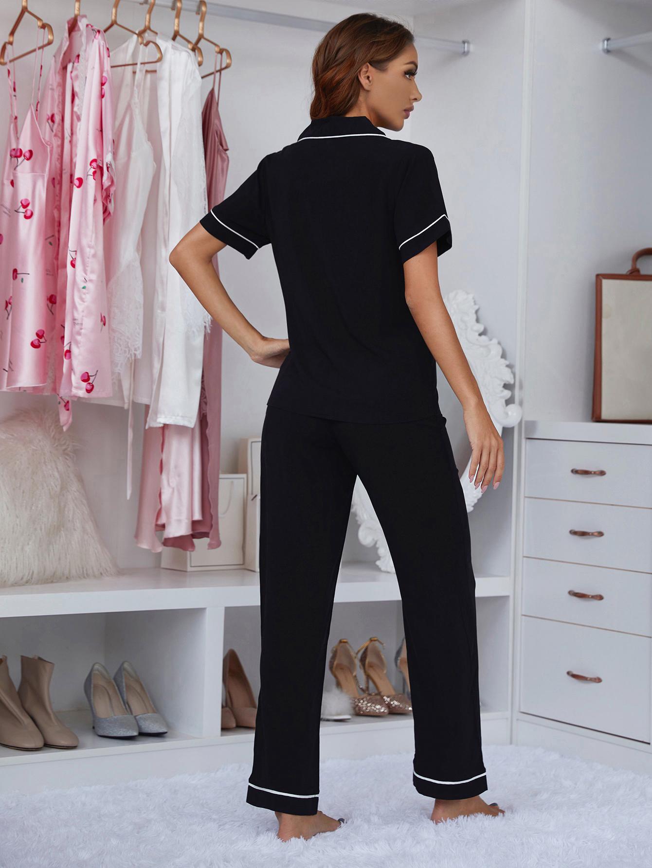 Contrast Piping Lapel Collar Short Sleeve Top and Pants Pajama Set Lingerie & Nightwear