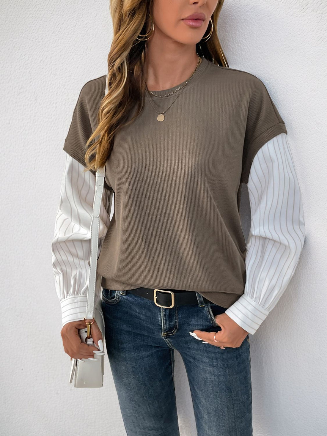 Perfee Round Neck Striped Sleeve Sweatshirt 