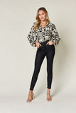 Double Take Full Size Printed Ruffle Trim Balloon Sleeve Shirt 