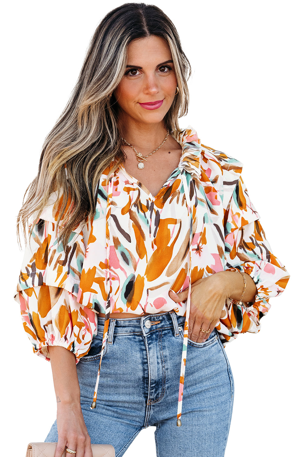 Yellow Abstract Print Drawstring Frilled V Neck 3/4 Sleeve Blouse Tops/Blouses & Shirts