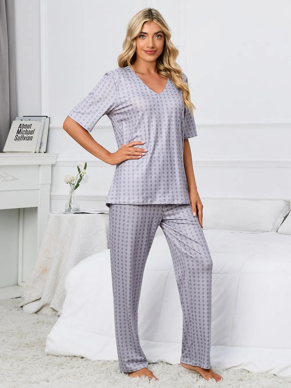 Printed V-Neck Top and Pants Lounge Set Lingerie & Nightwear