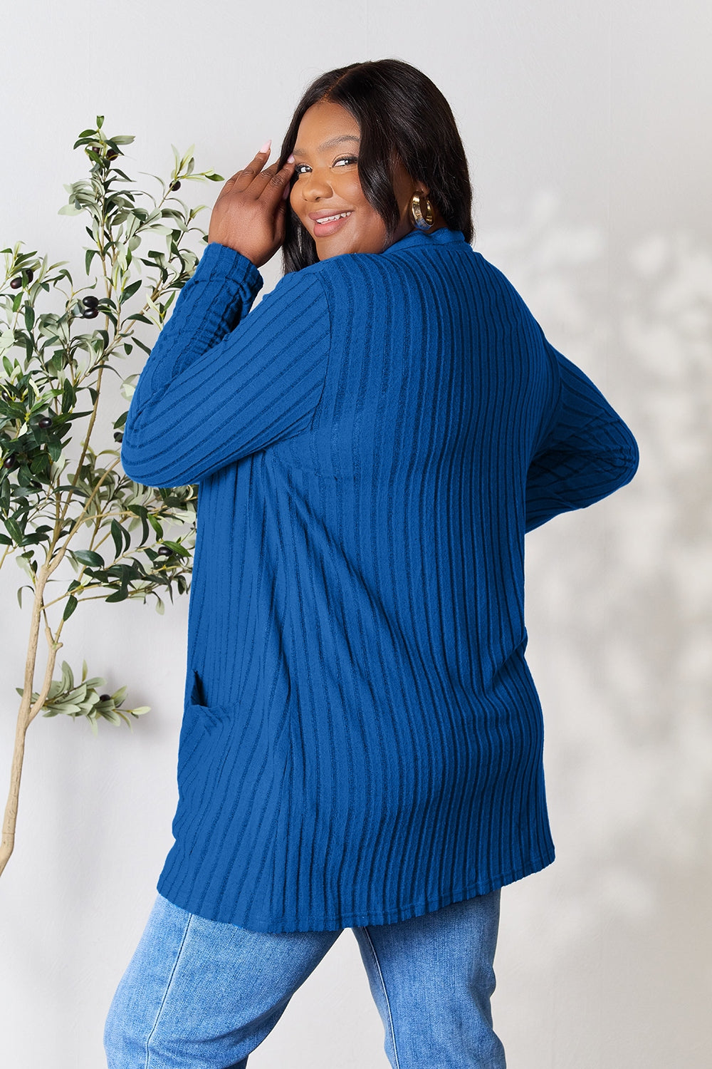 Basic Bae Full Size Ribbed Open Front Cardigan with Pockets 