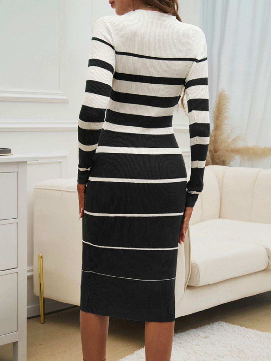 Devine Color Block Round Neck Long Sleeve Midi Dress 