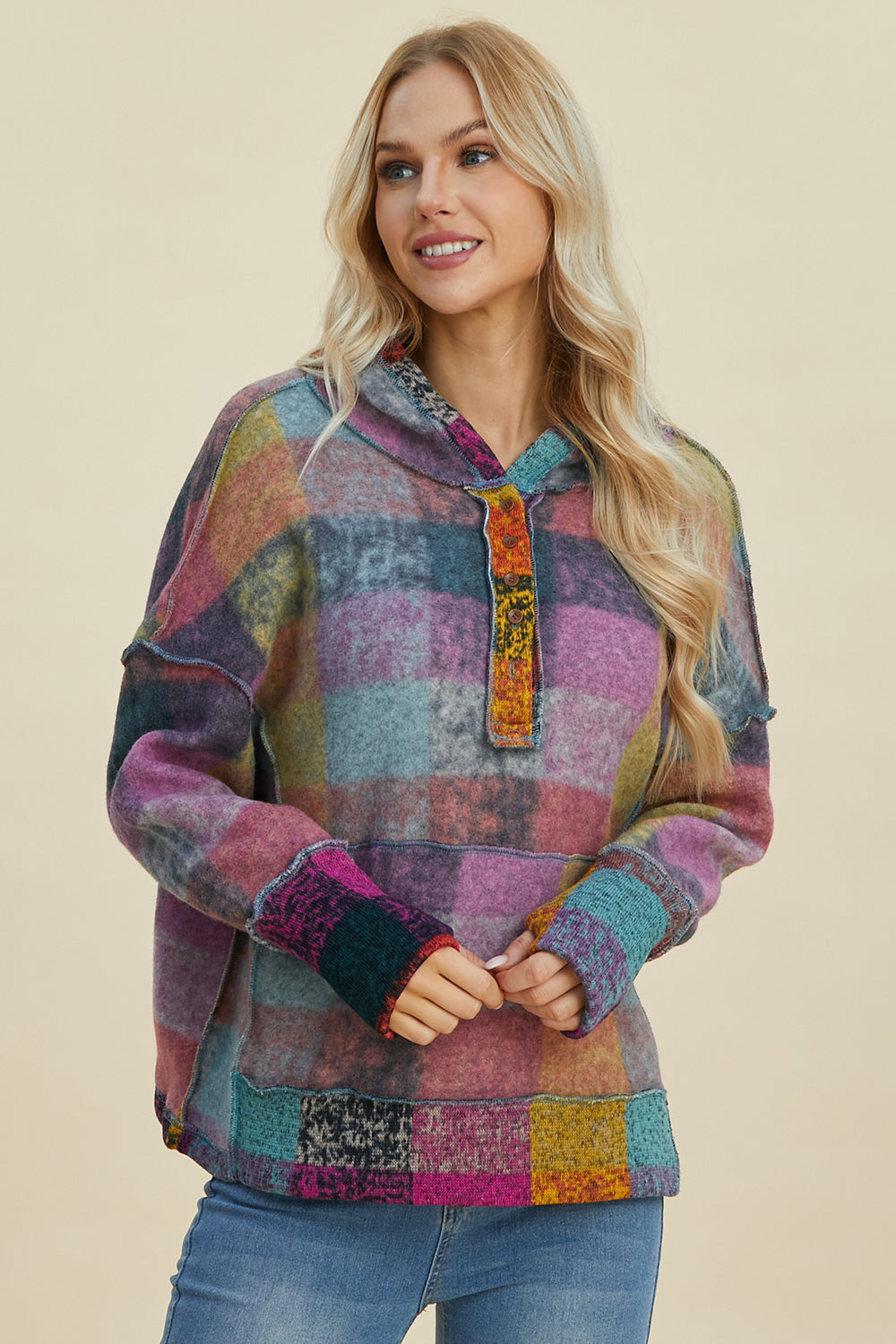 Double Take Full Size Plaid Dropped Shoulder Fleece Hoodie 
