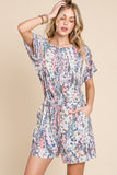 BOMBOM Printed Short Sleeve Drawstring Romper 