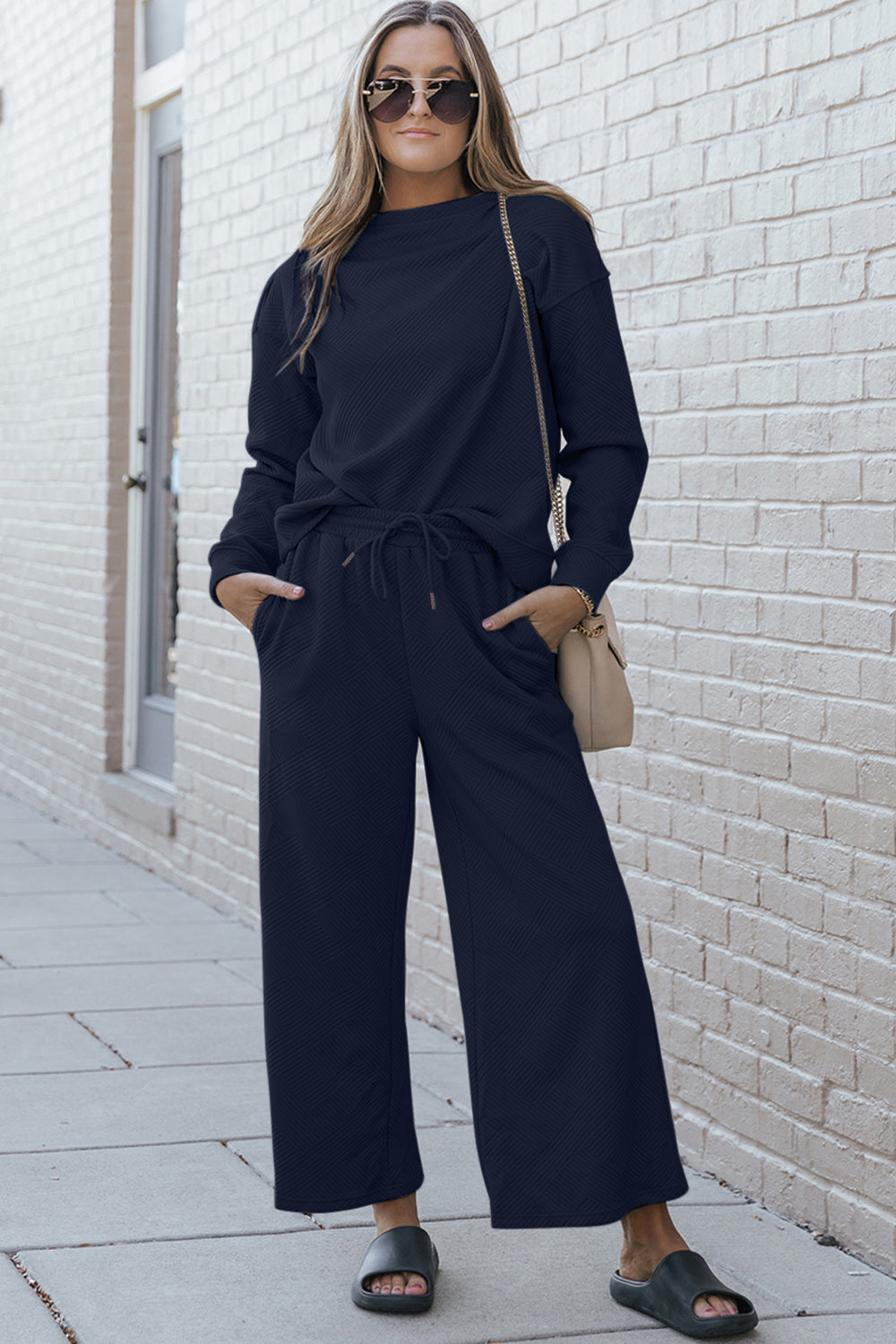 Double Take Full Size Textured Long Sleeve Top and Drawstring Pants Set 