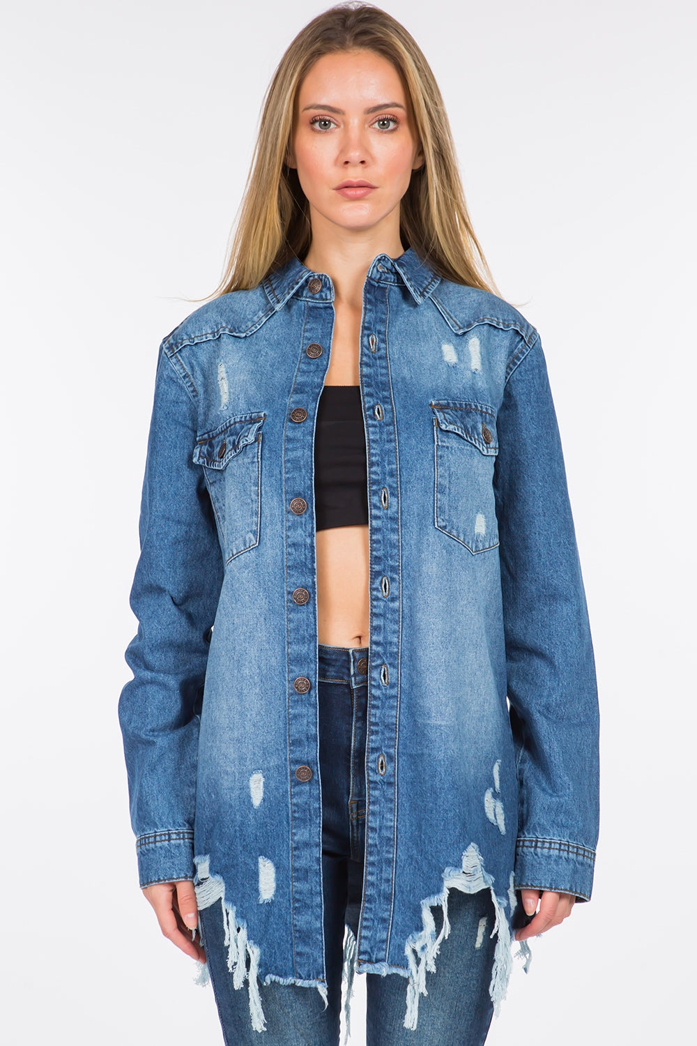 American Bazi Distressed Frayed Hem Denim Jacket 
