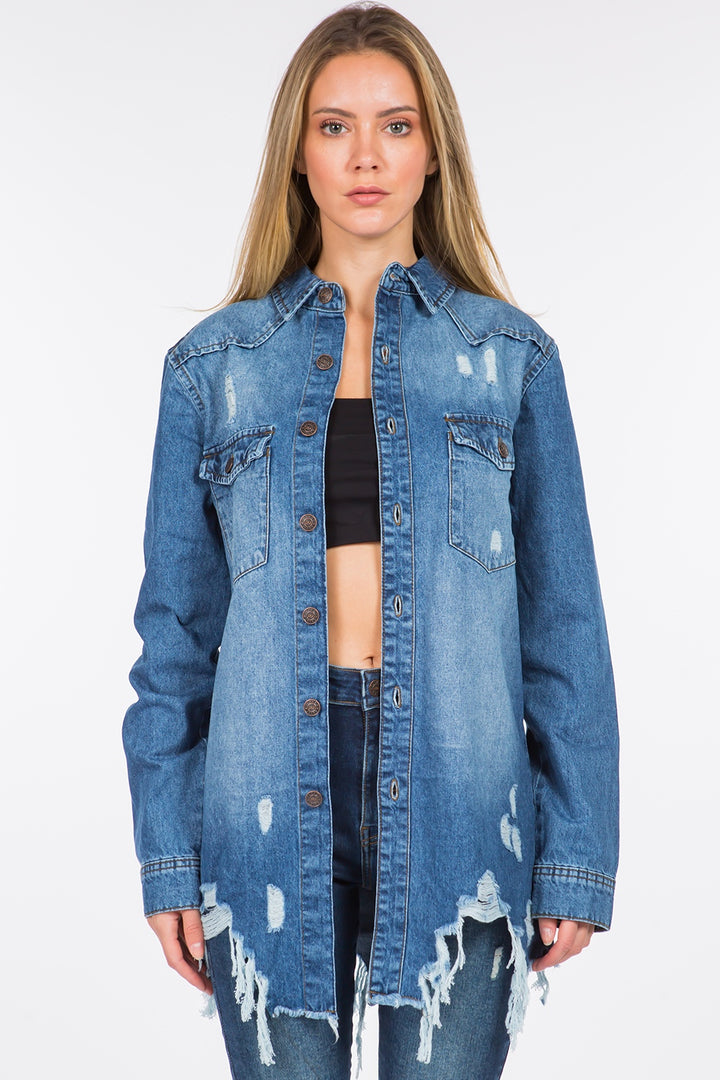 American Bazi Distressed Frayed Hem Denim Jacket 