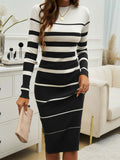 Devine Color Block Round Neck Long Sleeve Midi Dress 
