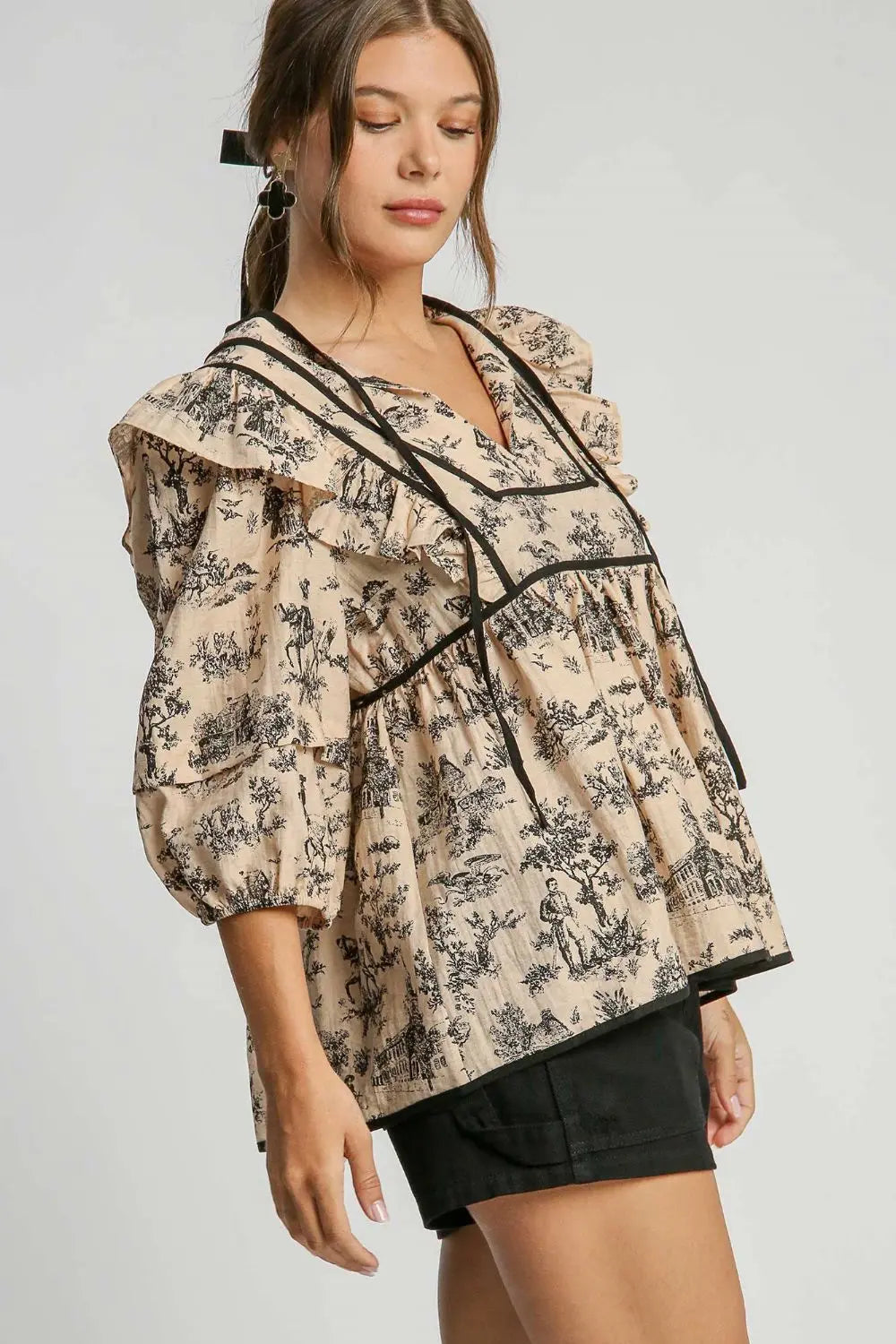 Umgee Ruffled Tie Neck Puff Sleeve Babydoll Blouse dress