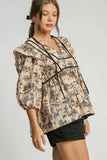 Umgee Ruffled Tie Neck Puff Sleeve Babydoll Blouse dress