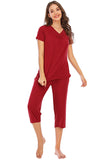V-Neck Short Sleeve Top and Pants Lounge Set Lingerie & Nightwear