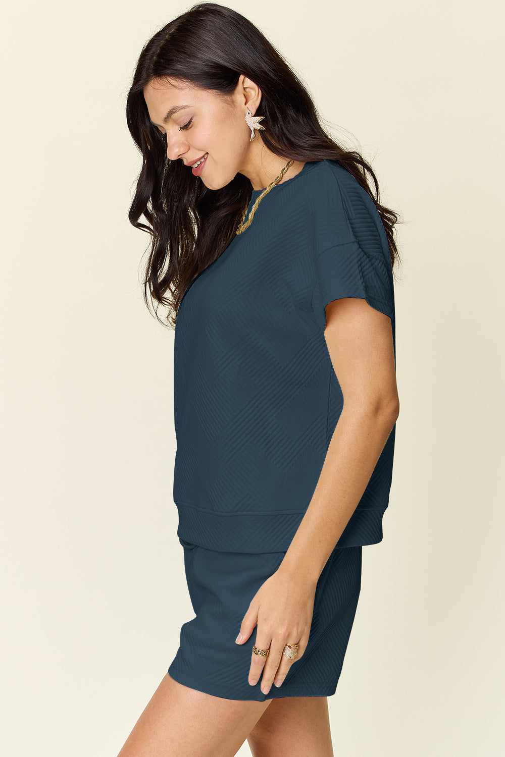 Double Take Full Size Texture Short Sleeve T-Shirt and Drawstring Shorts Set 