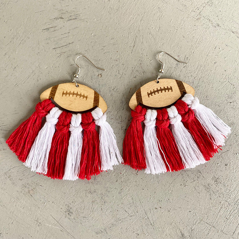 Fringe Detail Football Shape Wooden Dangle Earrings 