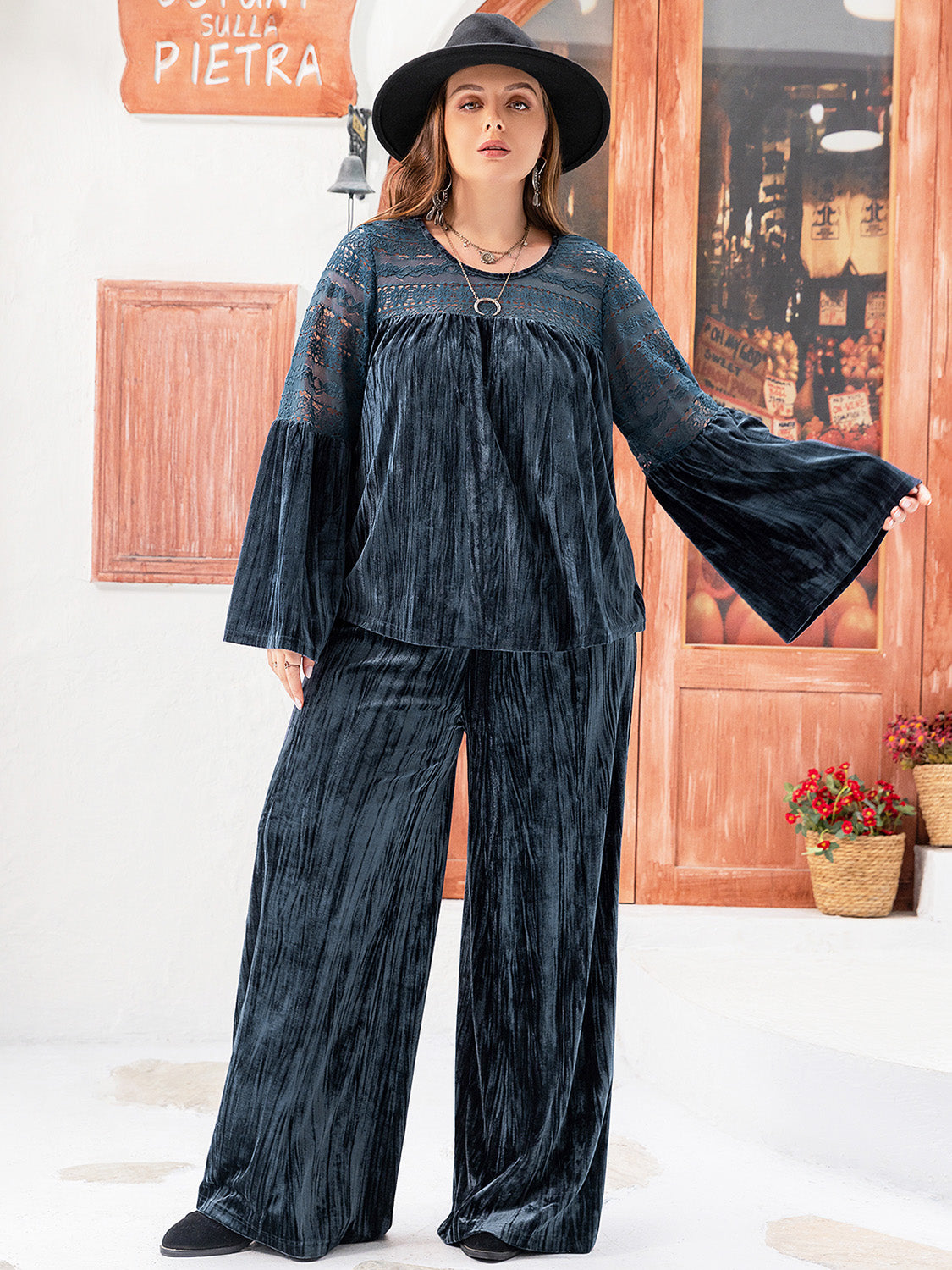 Plus Size Round Neck Flare Sleeve Top and Pants Set 
