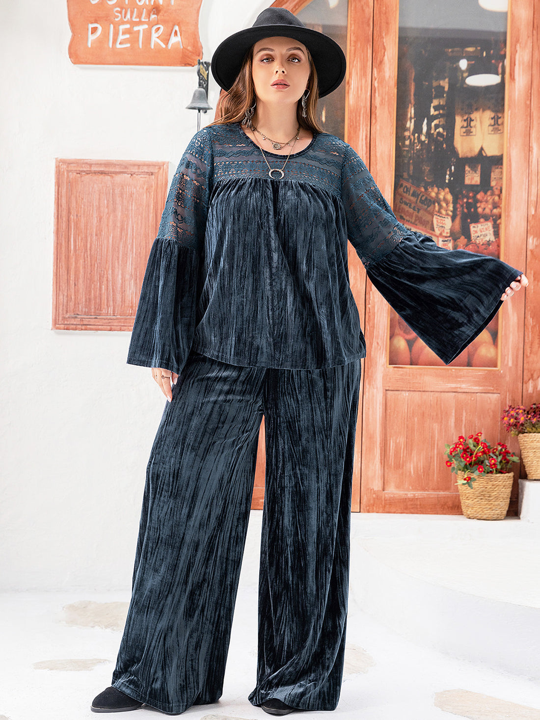 Plus Size Round Neck Flare Sleeve Top and Pants Set 
