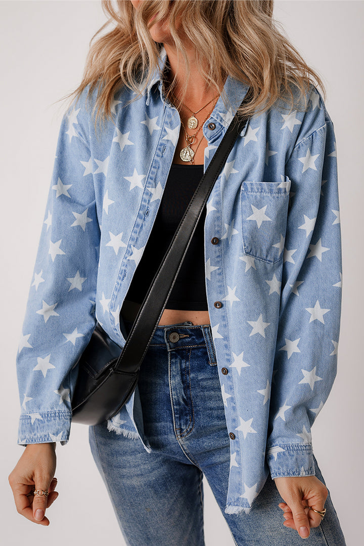 Sky Blue Star Print Light Wash Raw Hem Denim Jacket Outerwear/Denim jackets