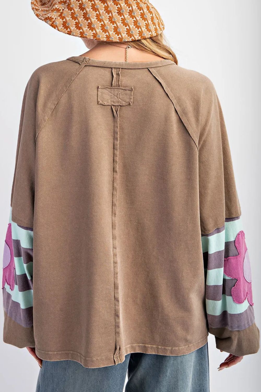 Plus Size Flower Round Neck Long Sleeve Blouse 