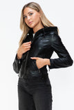 Snobbish Faux Leather Zip Up Drawstring Hooded Jacket 