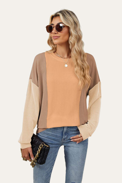 Double Take Texture Contrast Round Neck Long Sleeve T-Shirt 