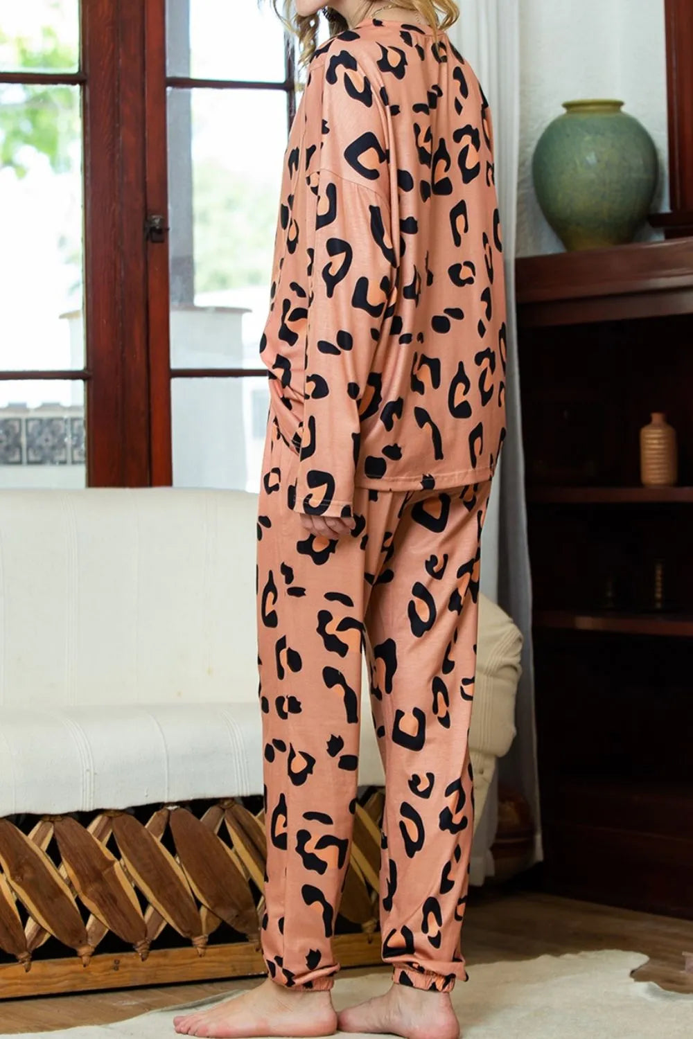 Leopard Round Neck Top and Drawstring Pants Lounge Set Lingerie & Nightwear