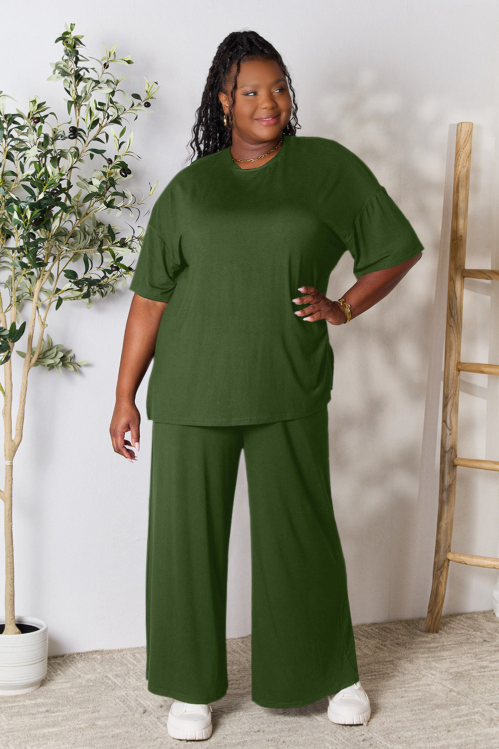 Double Take Full Size Round Neck Slit Top and Pants Set 