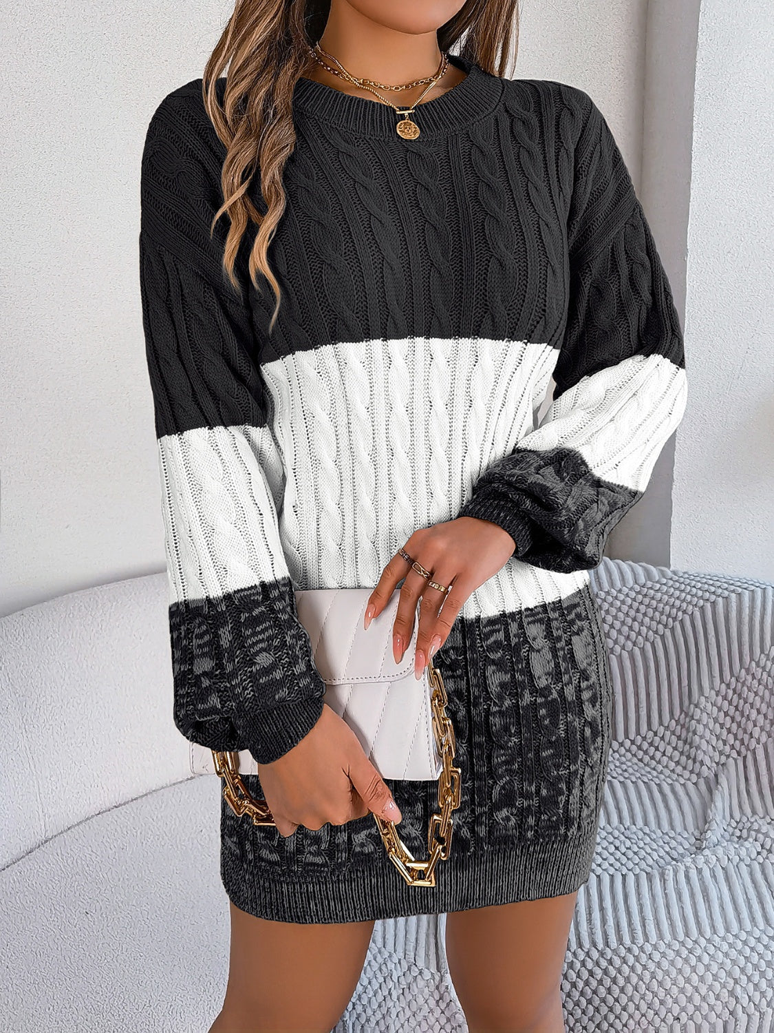 Cable-Knit Round Neck Color Block Sweater Dress 