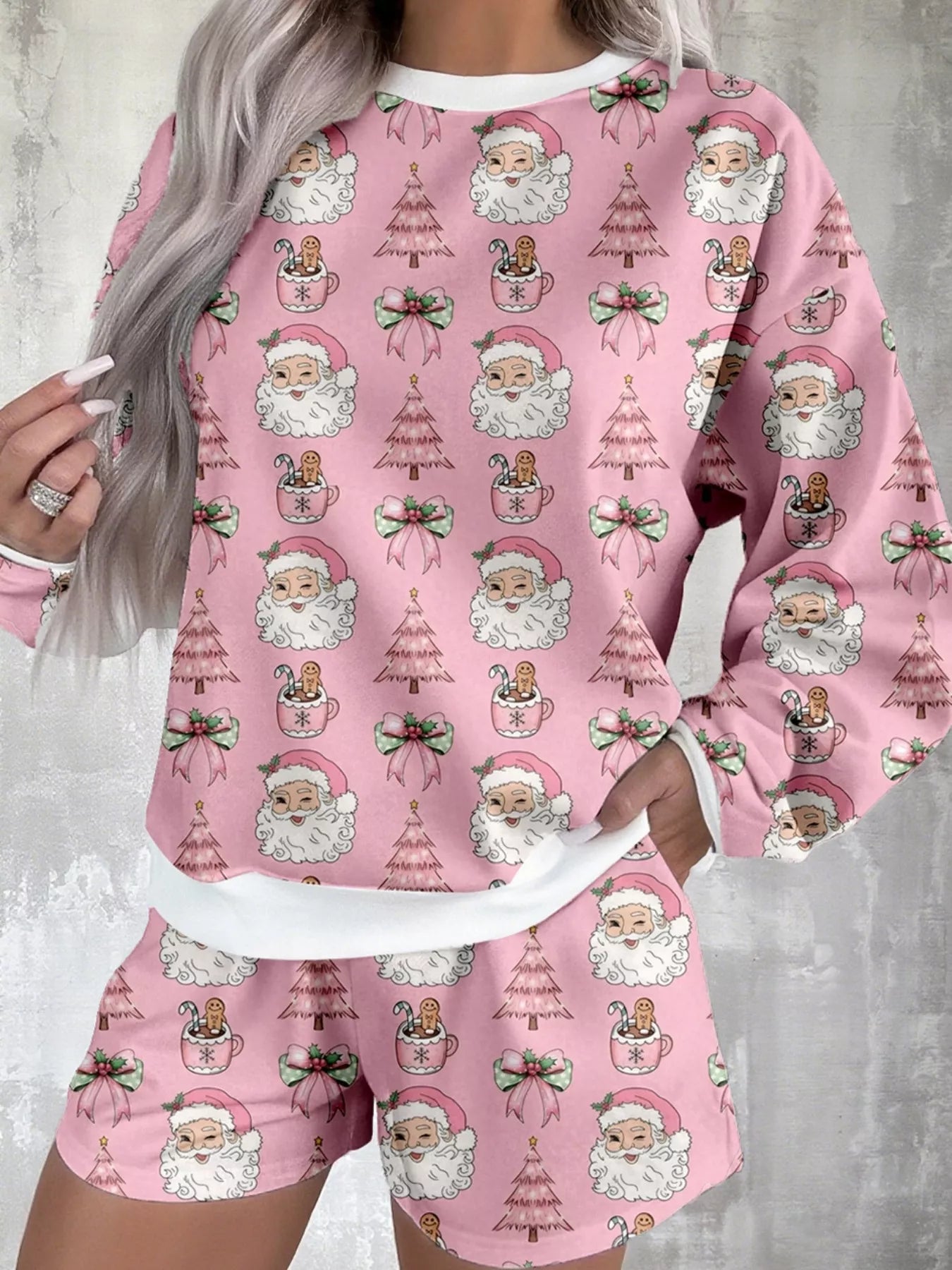 Christmas Santa Print Round Neck Top and Shorts Lounge Set Lingerie & Nightwear