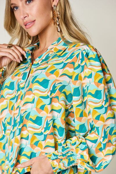 Double Take Full Size Printed Smocked Long Sleeve Blouse 
