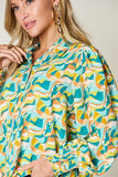 Double Take Full Size Printed Smocked Long Sleeve Blouse 