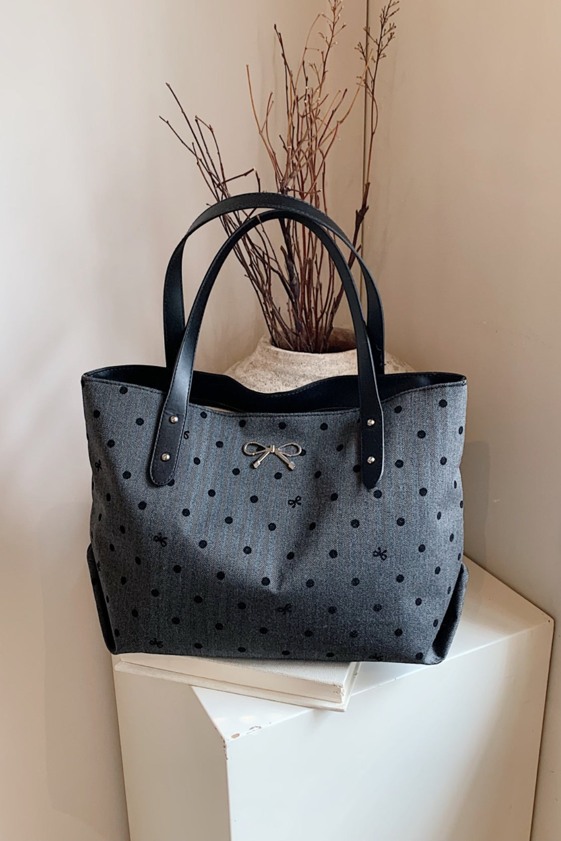 Polyester Bow Polka Dot Tote Bag 