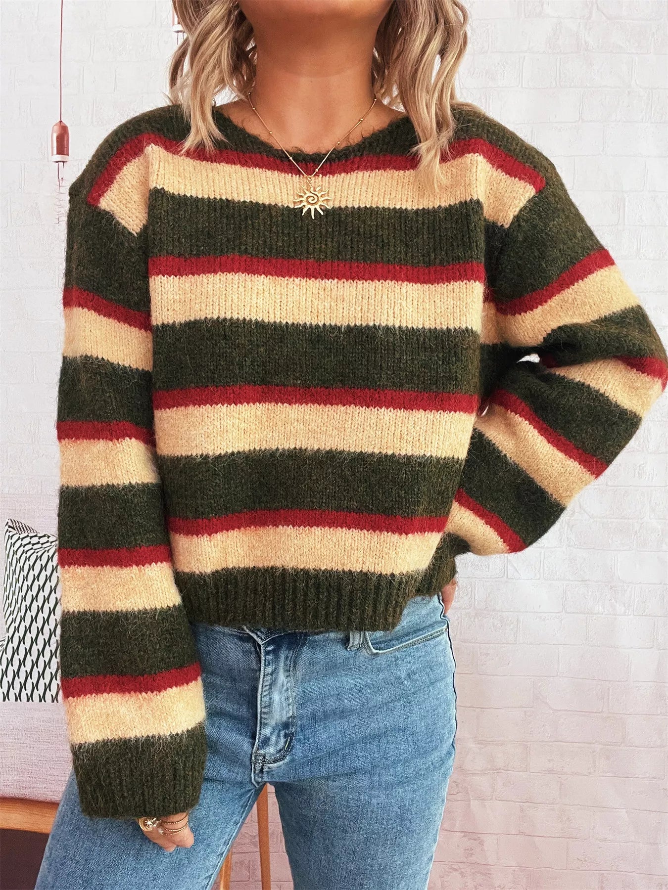 Striped Round Neck Long Sleeve Sweater 