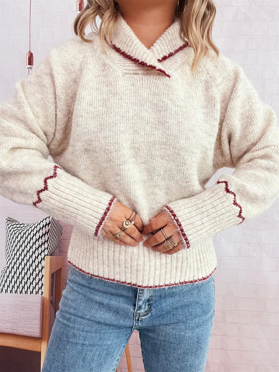 Ribbed Contrast Trim Long Sleeve Sweater 