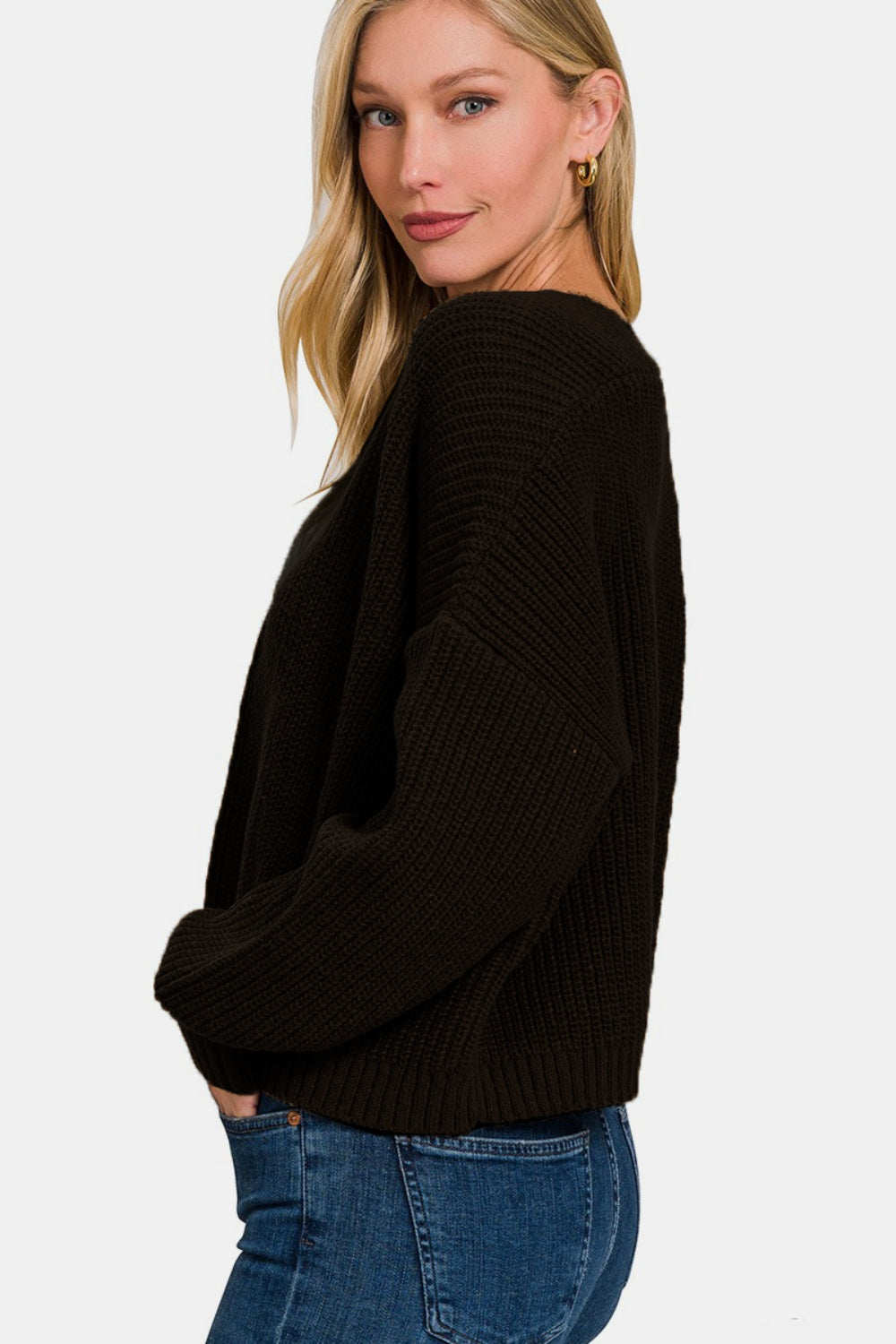 Zenana Open Front Drop Shoulder Sweater Cardigan 